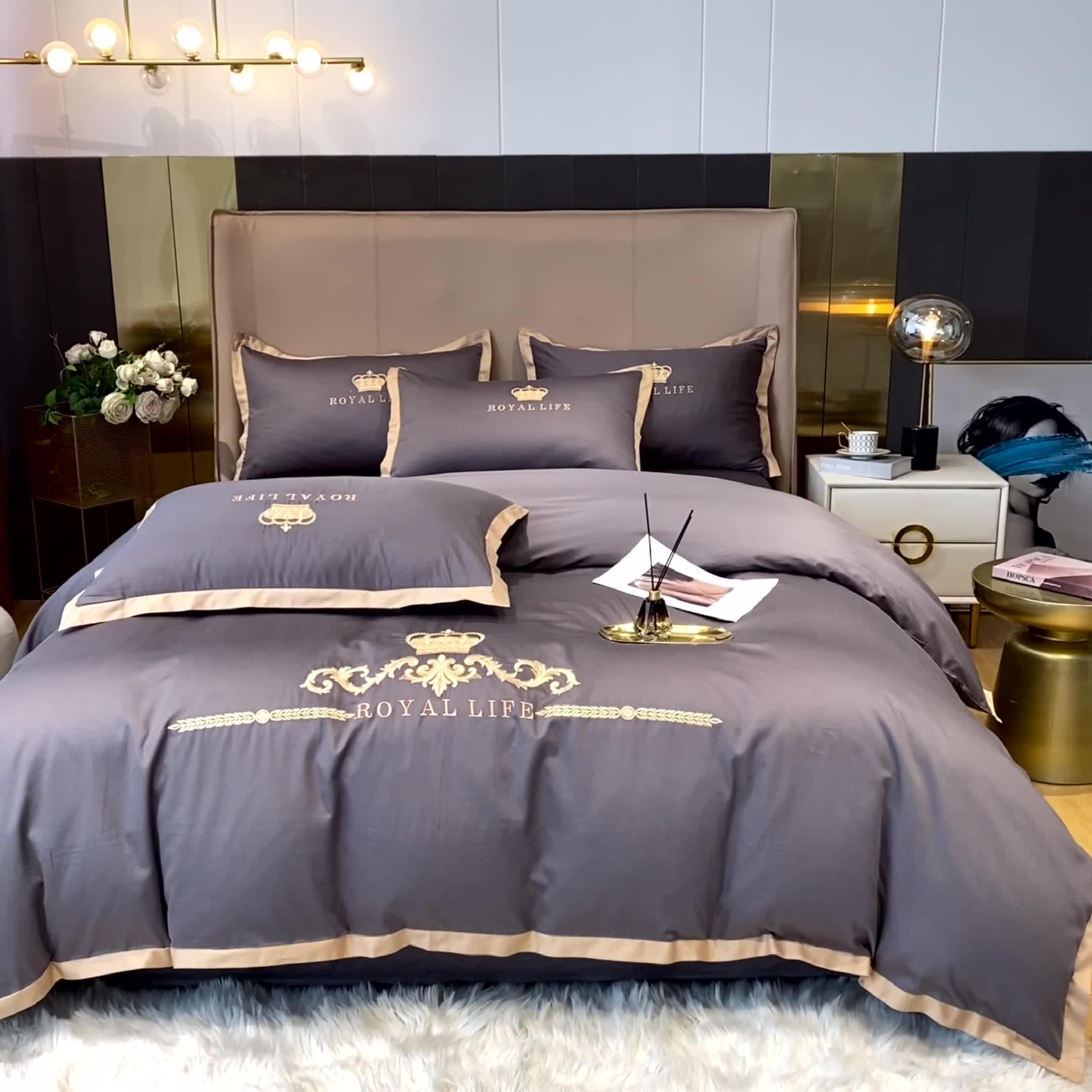 91家纺网 家纺一手货源 找家纺 安妮家居 2021新款皇冠120s长绒棉四件套 绅士灰