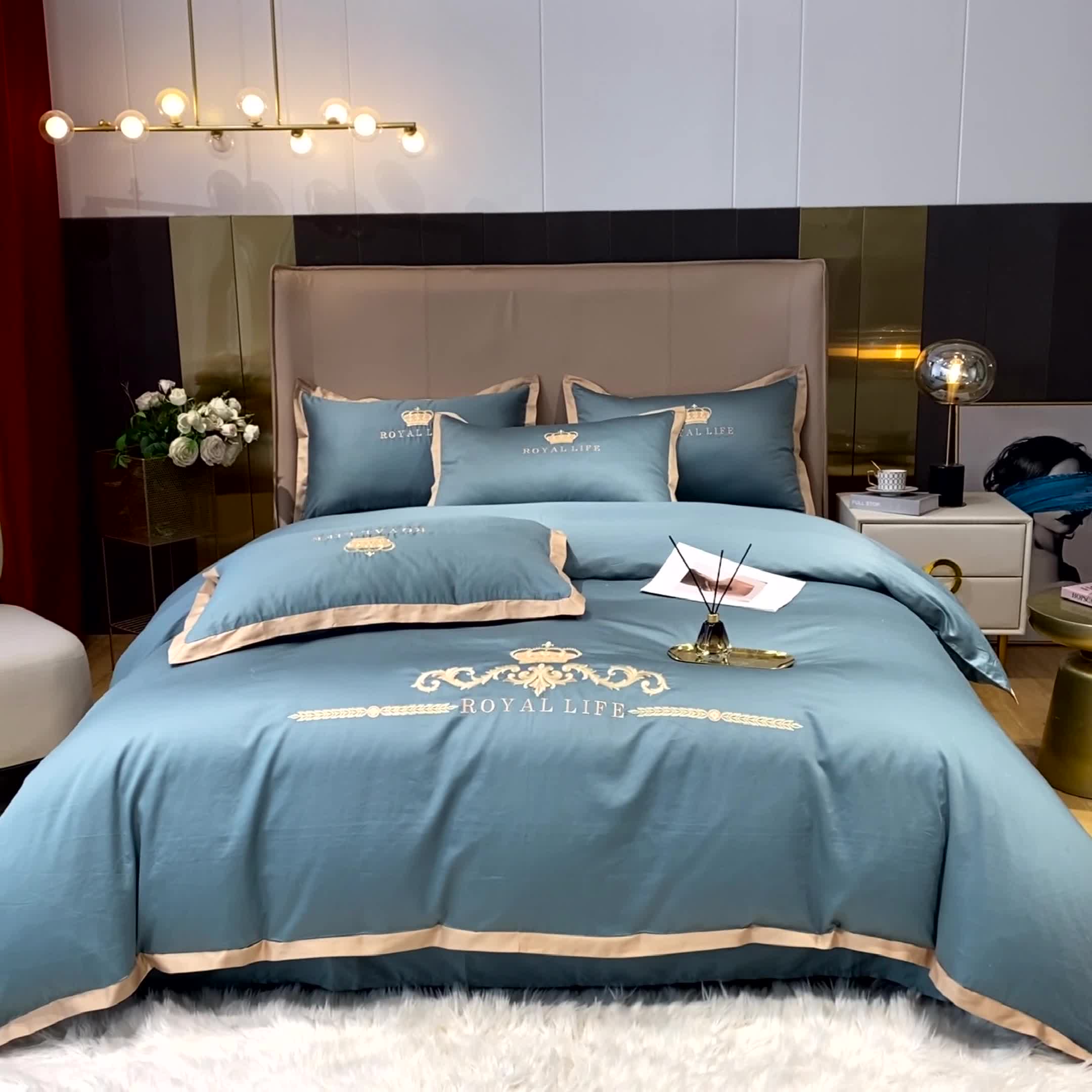 91家纺网 家纺一手货源 找家纺 安妮家居 2021新款皇冠120s长绒棉四件套 浅石蓝