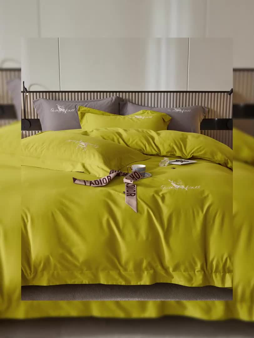 91家纺网 家纺一手货源 找家纺 威克凯丽2021新款秋冬绣花3221磨毛四件套奥兰多-芥末黄