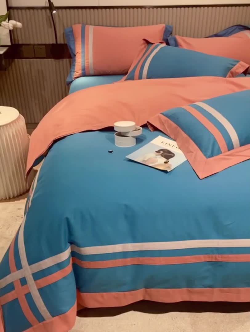 91家纺网 家纺一手货源 找家纺 威克凯丽 秋冬拼接4032磨毛四件套 美丽心语-月光蓝