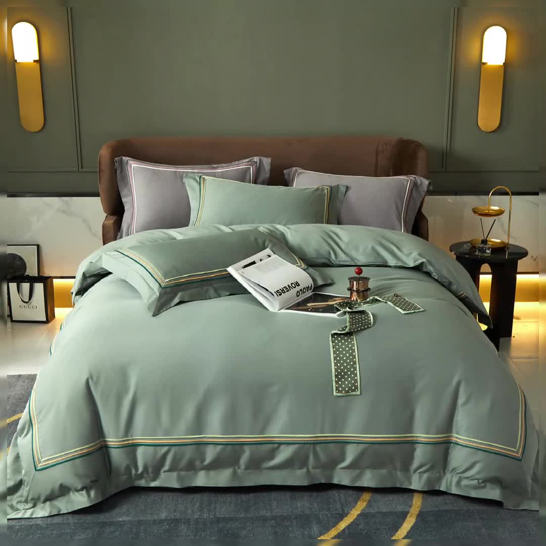 91家纺网 家纺一手货源 找家纺 威克凯丽 秋冬60拼接磨毛四件套 花栖寻梦-清水绿