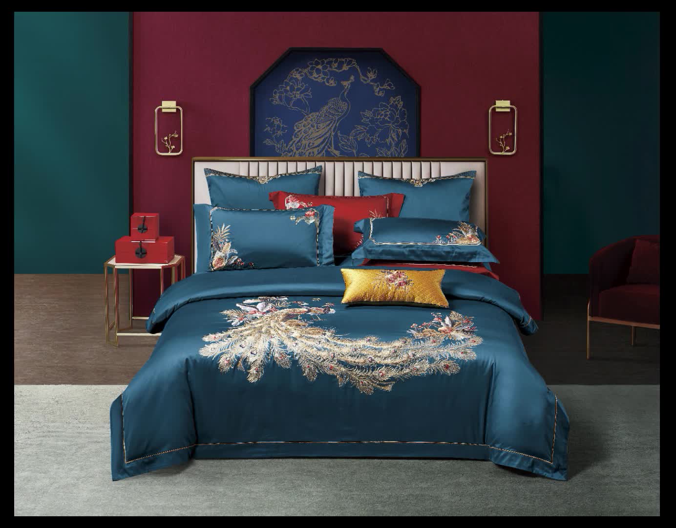 91家纺网 家纺一手货源 找家纺 爱情故事 2024新款婚庆100s全棉四件套雀之舞蓝