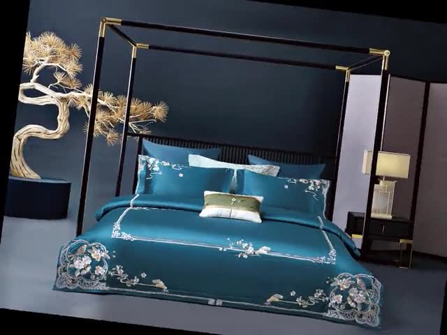 91家纺网 家纺一手货源 找家纺 爱情故事 2024新款婚庆100s全棉四件套雨棠蓝