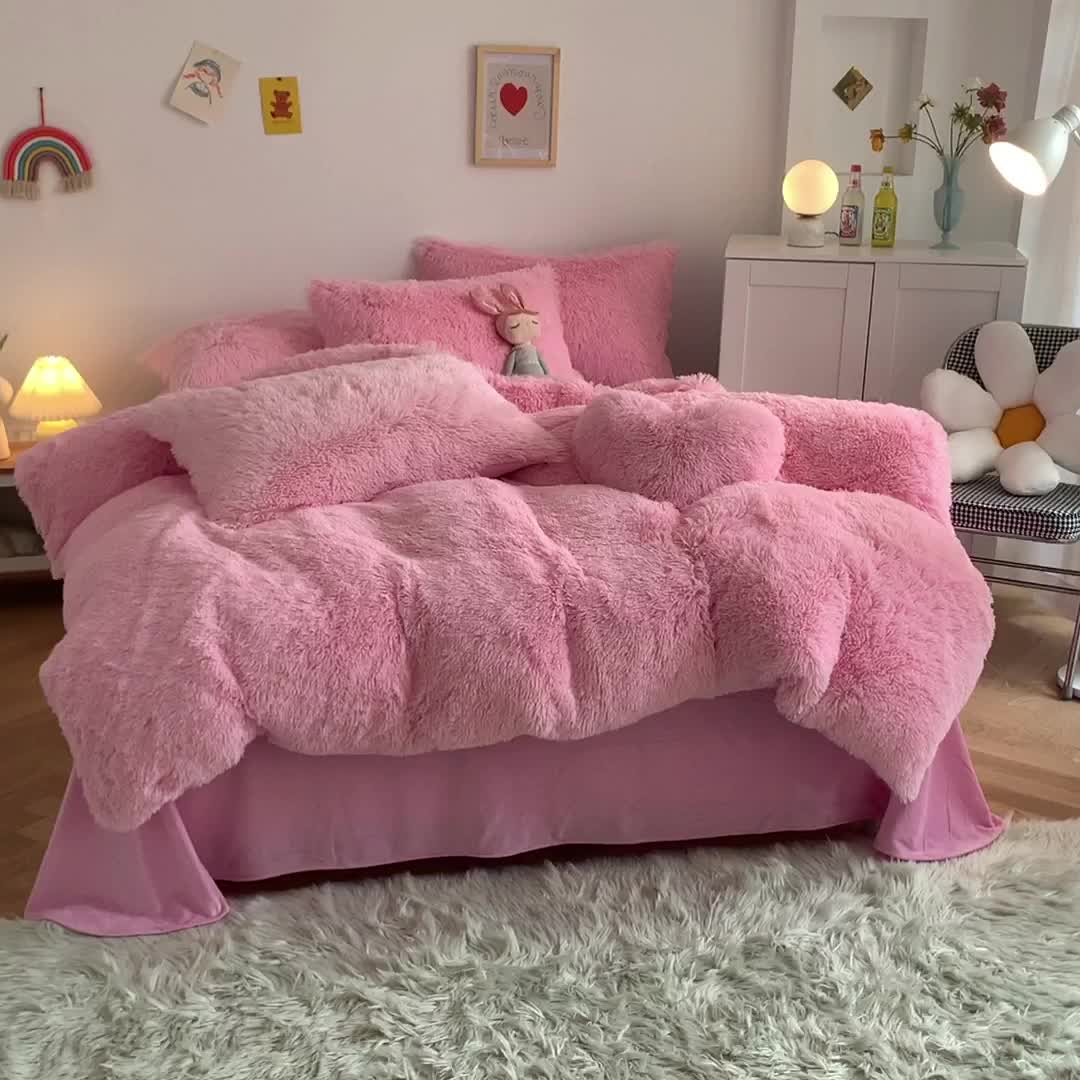 91家纺网 家纺一手货源 找家纺 邦妮 2024新款云貂绒纯色四件套 粉色