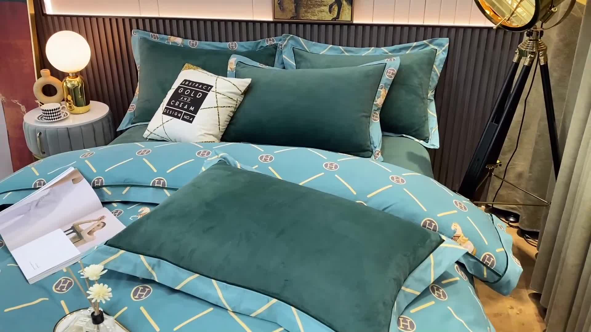 91家纺网 家纺一手货源 找家纺 杜先生2021新款230克牛奶绒拼角被边款四件套轻奢生活-绿