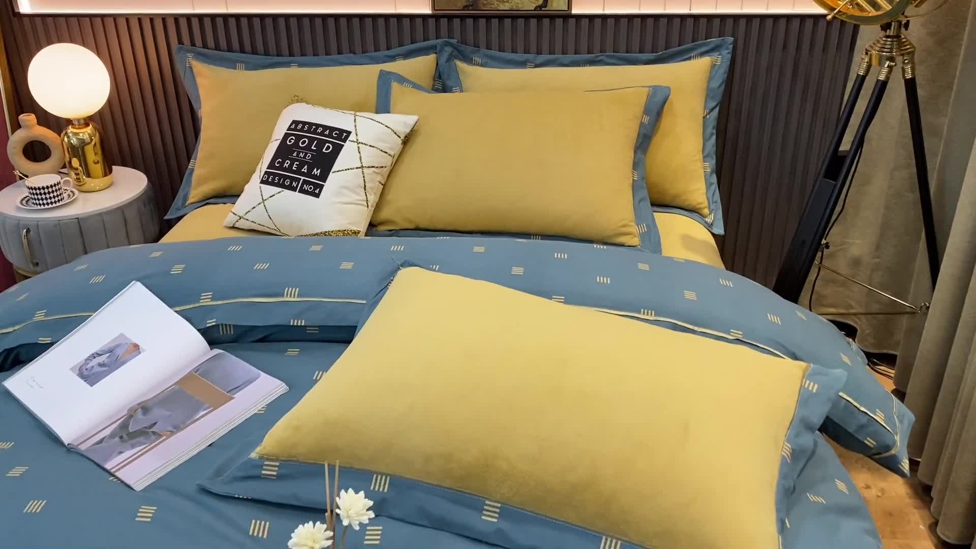 91家纺网 家纺一手货源 找家纺 杜先生2021新款230克牛奶绒拼角被边款四件套 安格斯-蓝