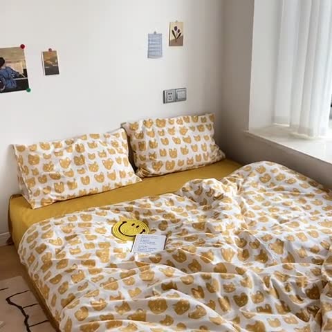 91家纺网 家纺一手货源 找家纺 尺素 纯棉ins印花水洗棉卡通可爱全棉被套纯色床单四件套 小猫咪