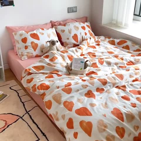 91家纺网 家纺一手货源 找家纺 （总）尺素纯棉ins印花水洗棉卡通可爱全棉被套纯色床单四件套