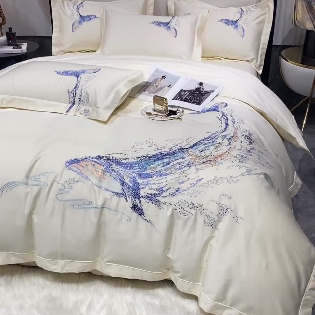 91家纺网 家纺一手货源 找家纺 （总）品家居 2021新款180支长绒棉四件套-鲸鱼