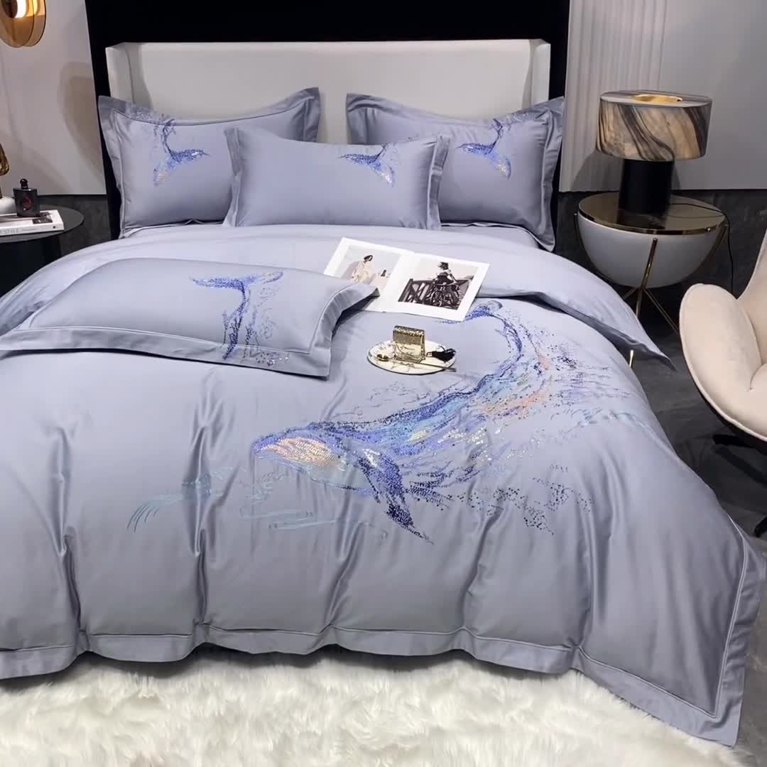 91家纺网 家纺一手货源 找家纺 品家居 2021新款180支长绒棉四件套-鲸鱼 鲸鱼-蓝