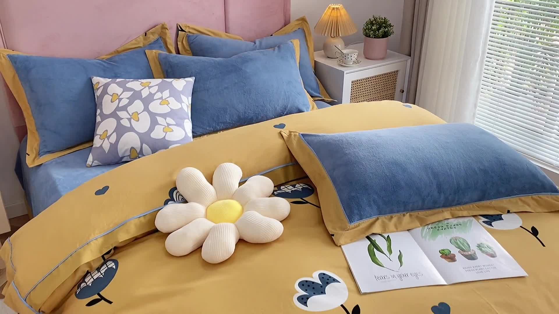 91家纺网 家纺一手货源 找家纺 杜先生 2021新款拼角被边款澳绒牛奶绒四件套 朵薇-黄