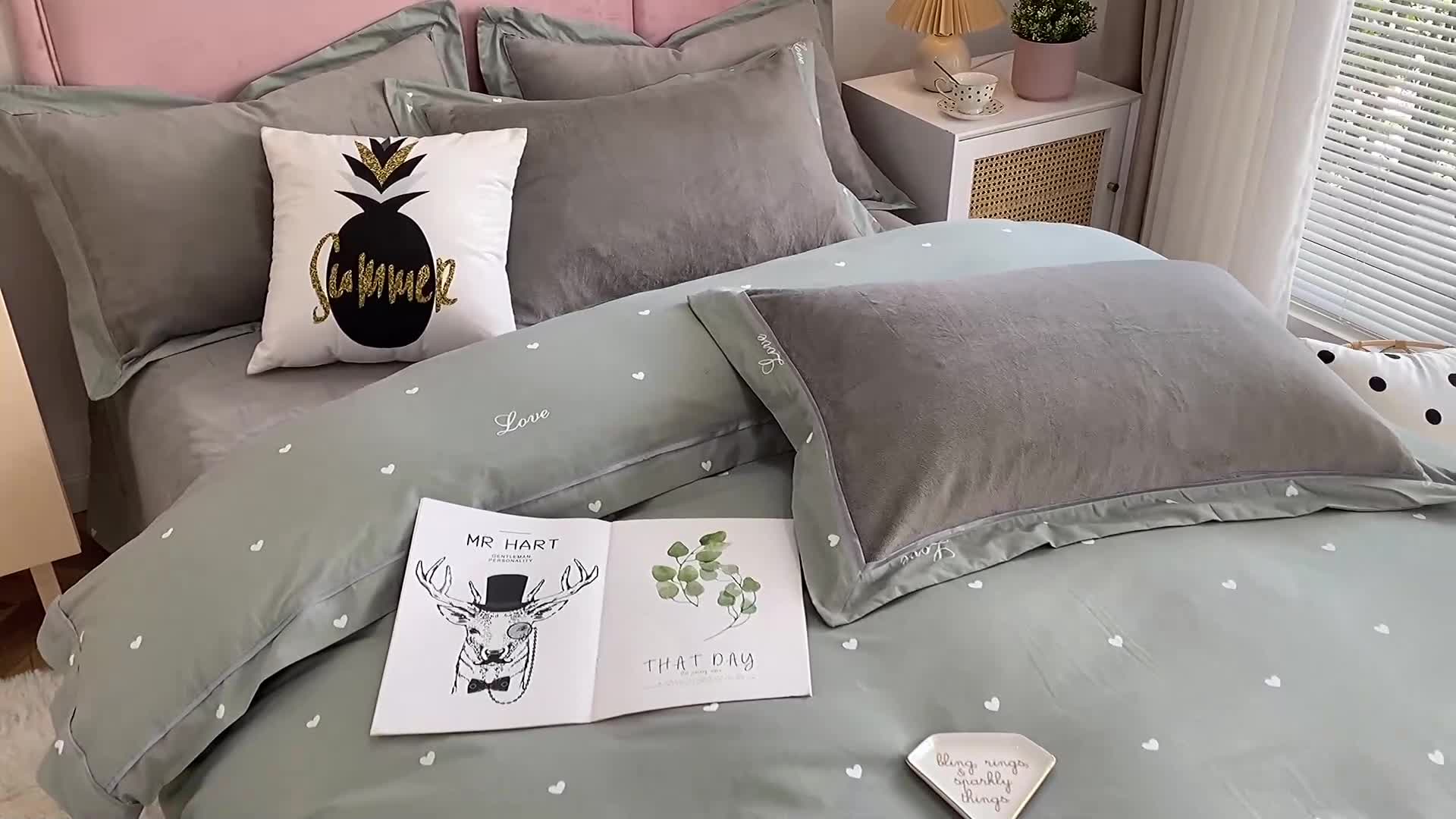 91家纺网 家纺一手货源 找家纺 杜先生 2021新款拼角被边款澳绒牛奶绒四件套 小爱心-绿