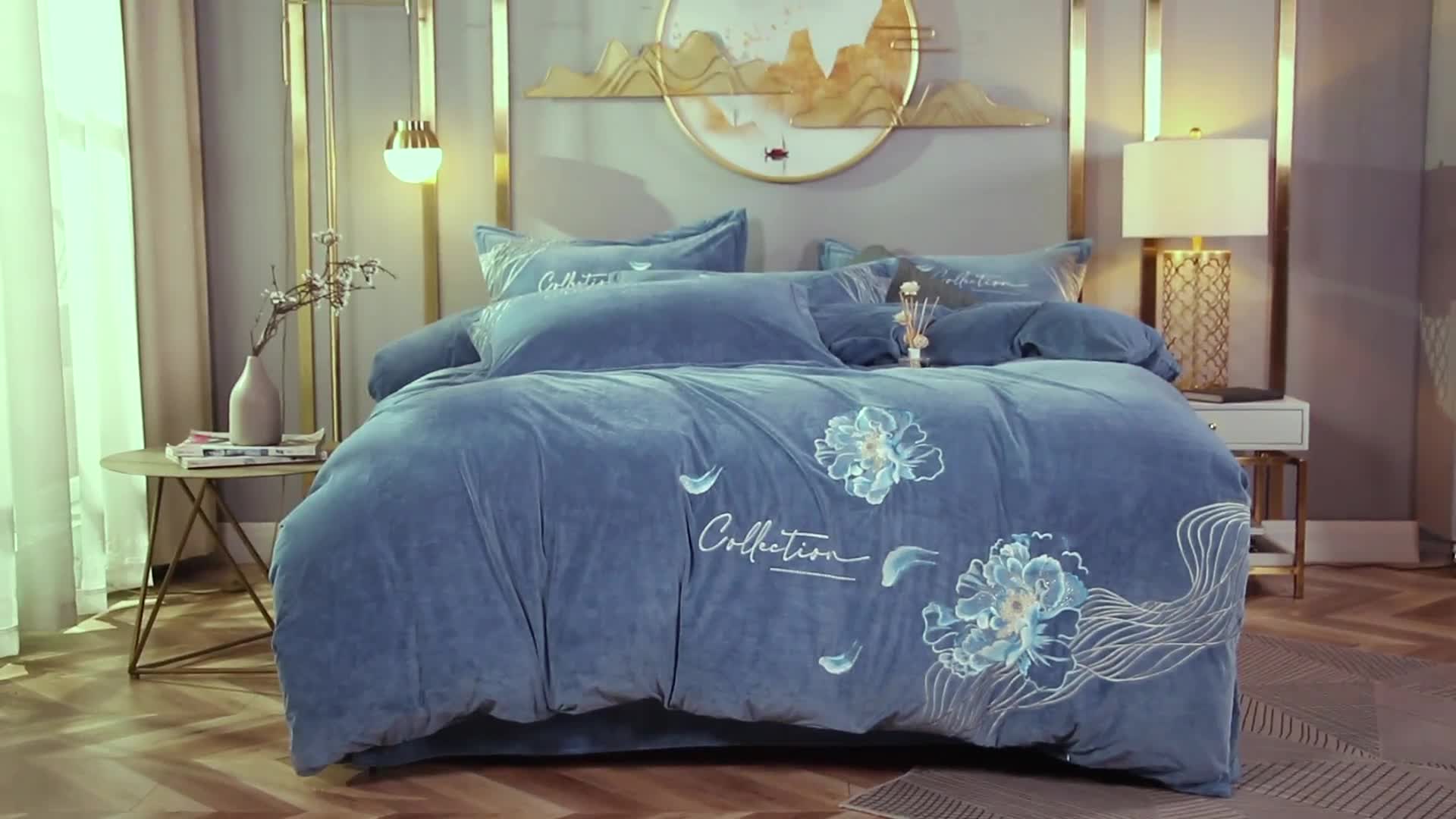 91家纺网 家纺一手货源 找家纺 佳梦家纺 2021新款婴儿绒刺绣款四件套 蓝色