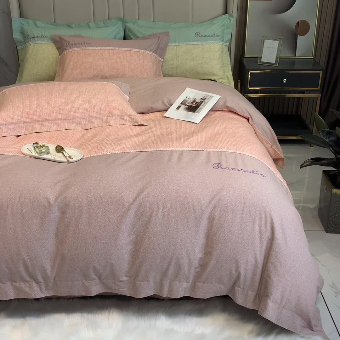 91家纺网 家纺一手货源 找家纺 榻尚家居新款80长绒棉贡缎磨毛小香风全棉加厚磨毛四件套 浅豆沙