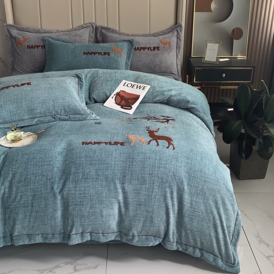 91家纺网 家纺一手货源 找家纺 榻尚2021新款高克重婴肤绒牛奶绒毛巾绣高端四件套 黛色小鹿