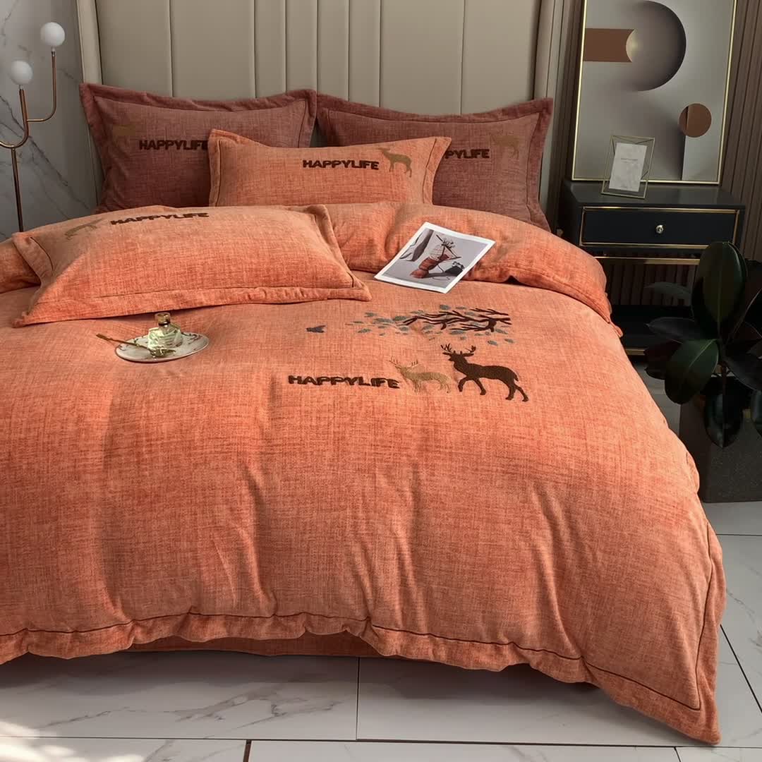 91家纺网 家纺一手货源 找家纺 榻尚2021新款高克重婴肤绒牛奶绒毛巾绣高端四件套 黄色小鹿