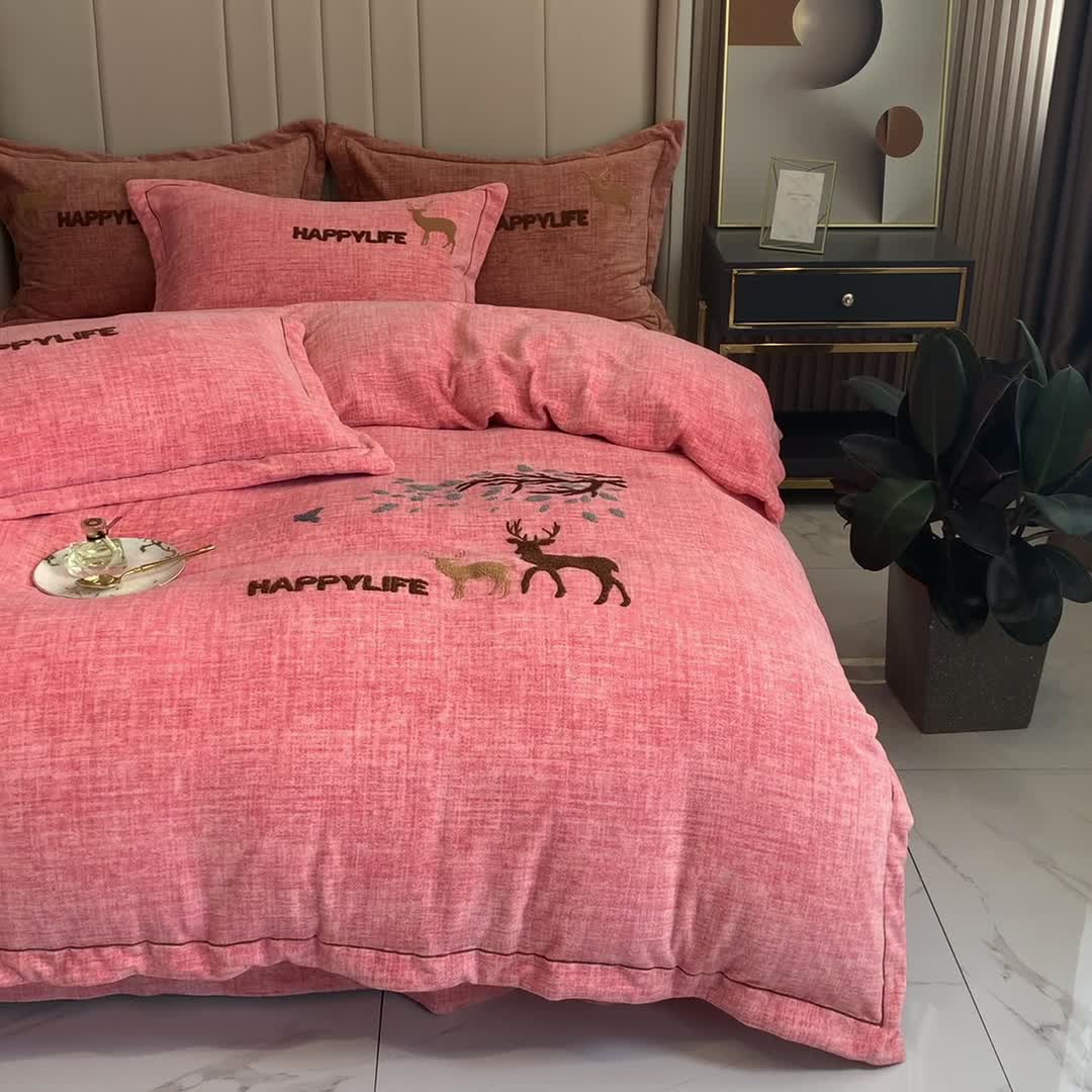 91家纺网 家纺一手货源 找家纺 榻尚2021新款高克重婴肤绒牛奶绒毛巾绣高端四件套 橘色小鹿