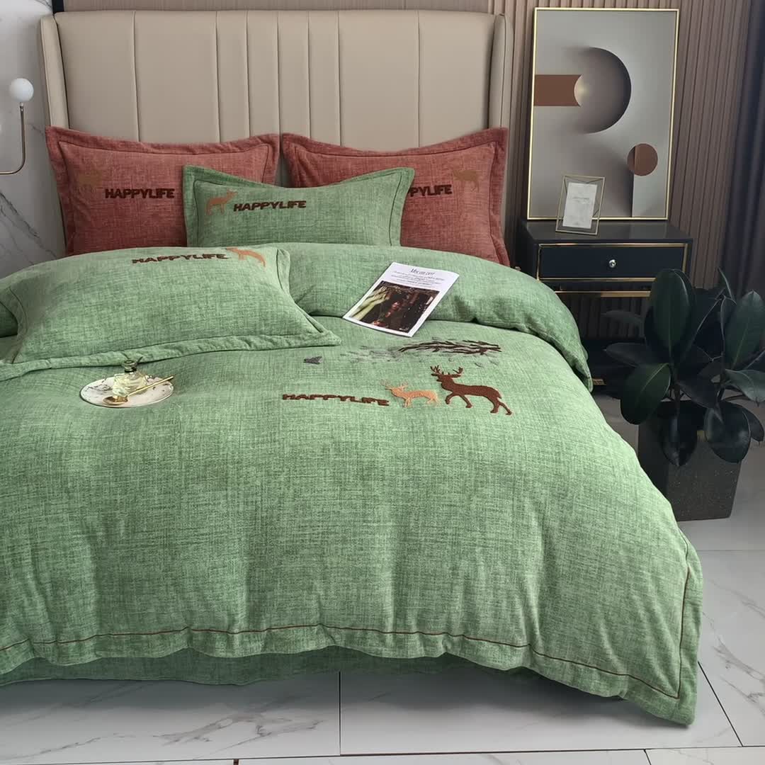 91家纺网 家纺一手货源 找家纺 榻尚2021新款高克重婴肤绒牛奶绒毛巾绣高端四件套 绿色小鹿