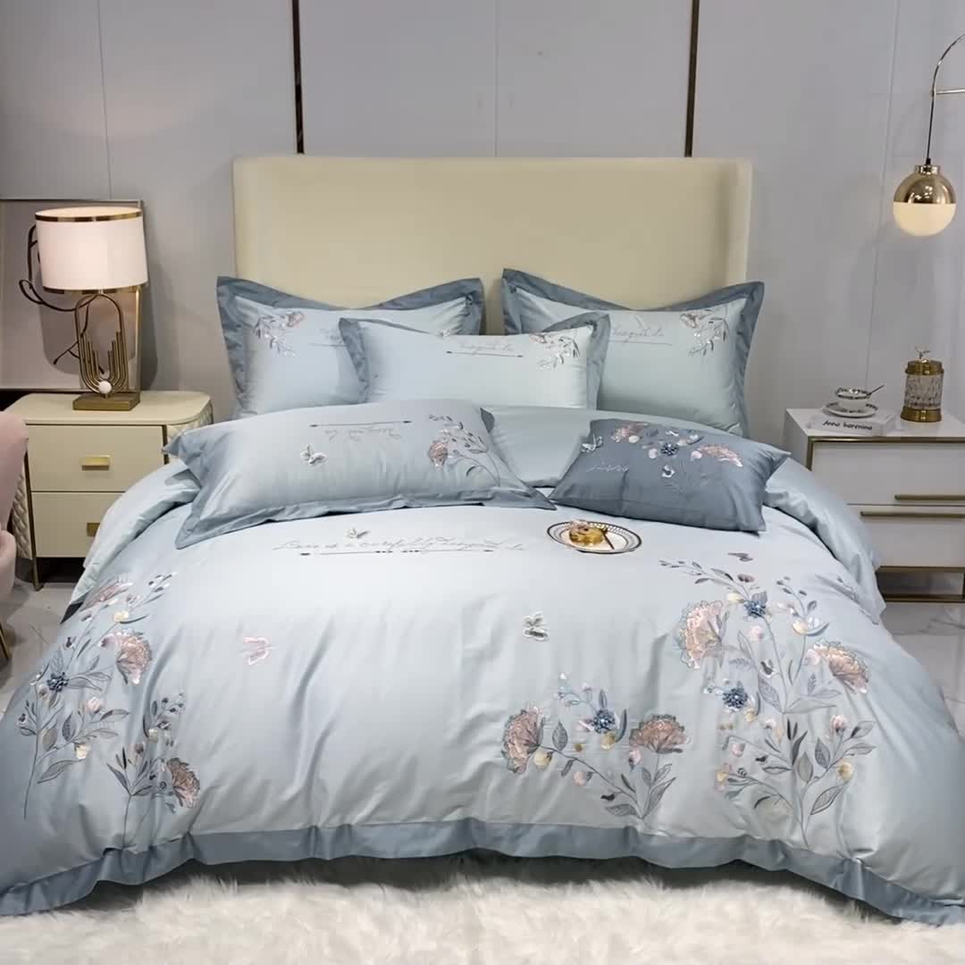 91家纺网 家纺一手货源 找家纺 品家居 2021新款180支长绒棉四件套-蝶舞恋花 蓝