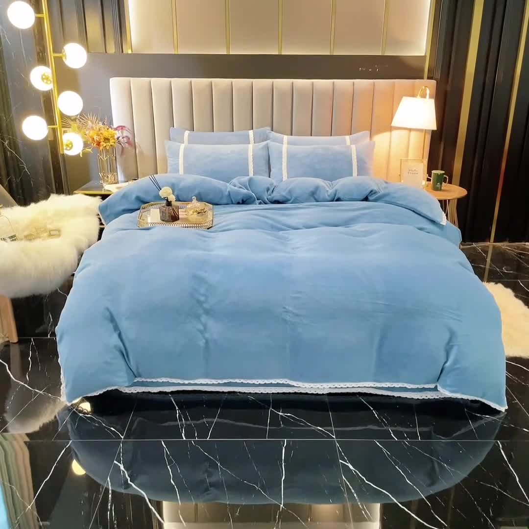 91家纺网 家纺一手货源 找家纺 琪琪阁家纺 2021新款纯色牛奶绒四件套 宝石蓝