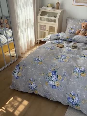 91家纺网 家纺一手货源 找家纺 沐棉 2021新款13370全棉印花四件套-花园 璎珞-灰