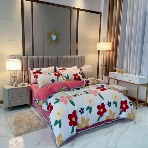 91家纺网 家纺一手货源 找家纺 琪琪阁 2021新款全棉+牛奶绒四件套花妃-粉