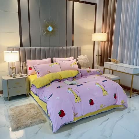 91家纺网 家纺一手货源 找家纺 琪琪阁 2021新款全棉+牛奶绒四件套开心小鹿-粉