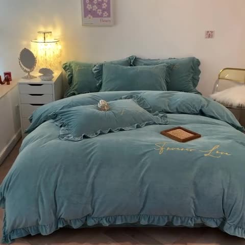 91家纺网 家纺一手货源 找家纺 上尚居 2021新款加厚韩版水晶绒宝宝绒四件套 艾丽丝豆绿