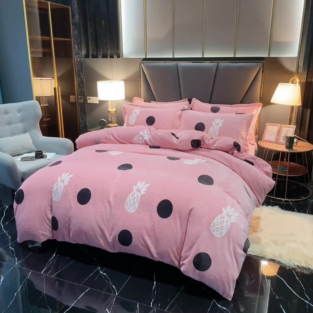 91家纺网 家纺一手货源 找家纺 锦罗绣 2021新款牛奶绒印花四件套 菠萝