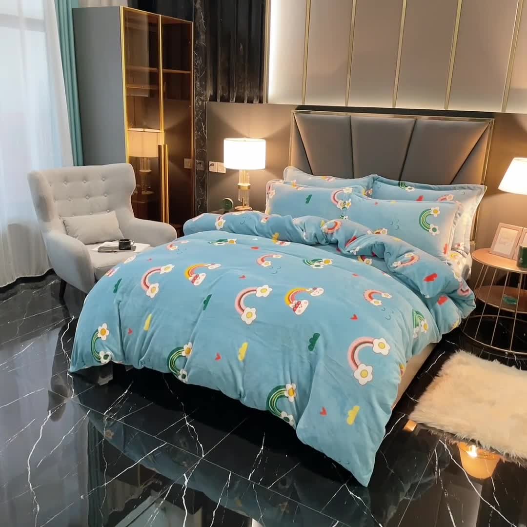 91家纺网 家纺一手货源 找家纺 锦罗绣 2021新款牛奶绒印花四件套 彩虹