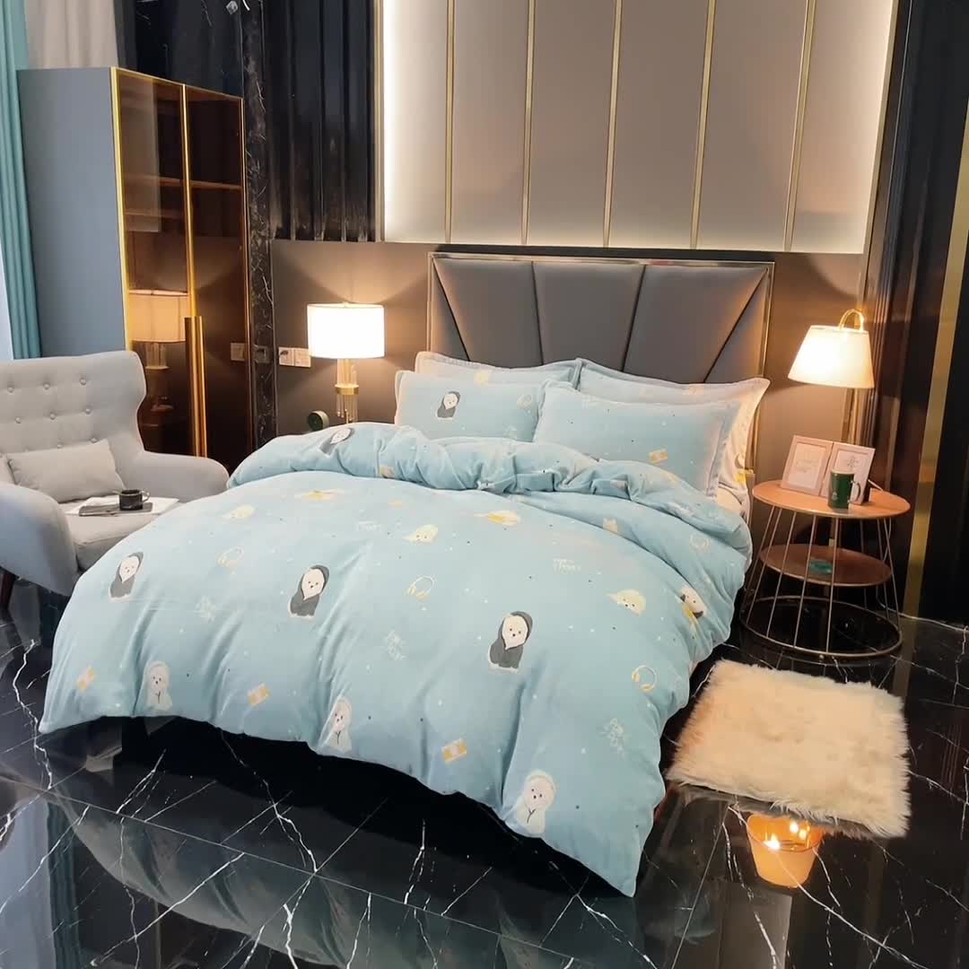 91家纺网 家纺一手货源 找家纺 锦罗绣 2021新款牛奶绒印花四件套 绒球