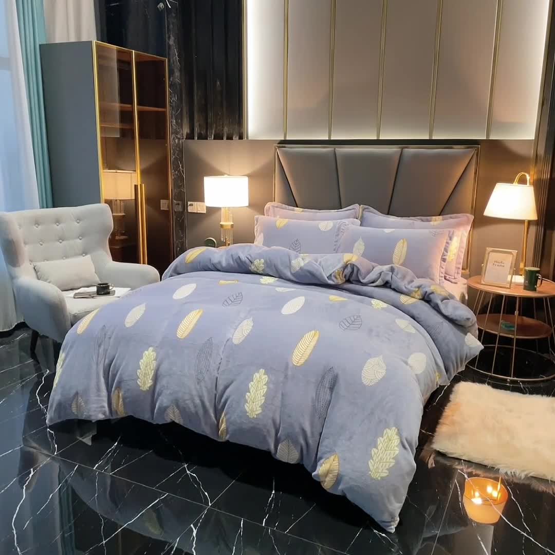 91家纺网 家纺一手货源 找家纺 锦罗绣 2021新款牛奶绒印花四件套 叶子