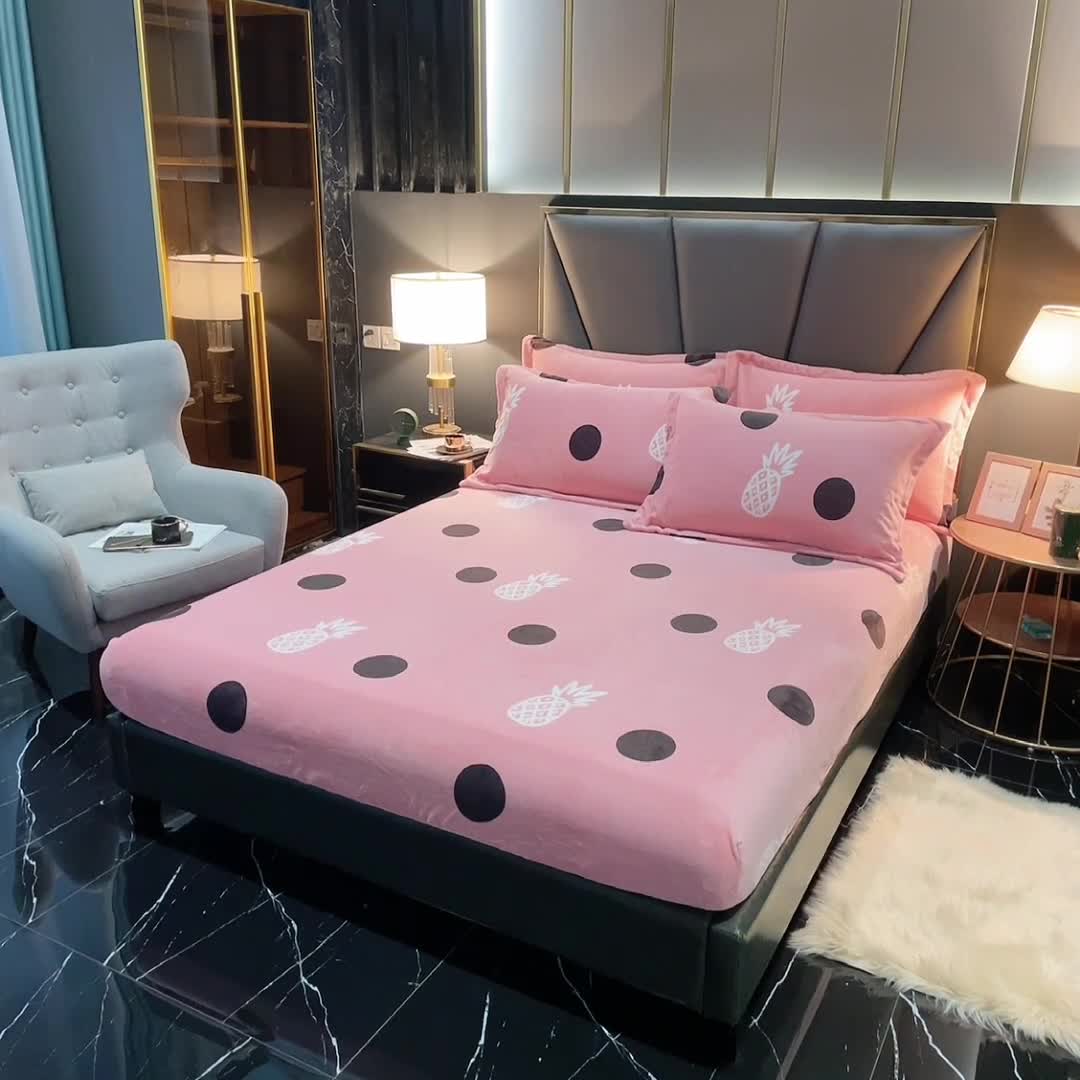 91家纺网 家纺一手货源 找家纺 锦罗绣 2021新款牛奶绒印花单品床笠菠萝