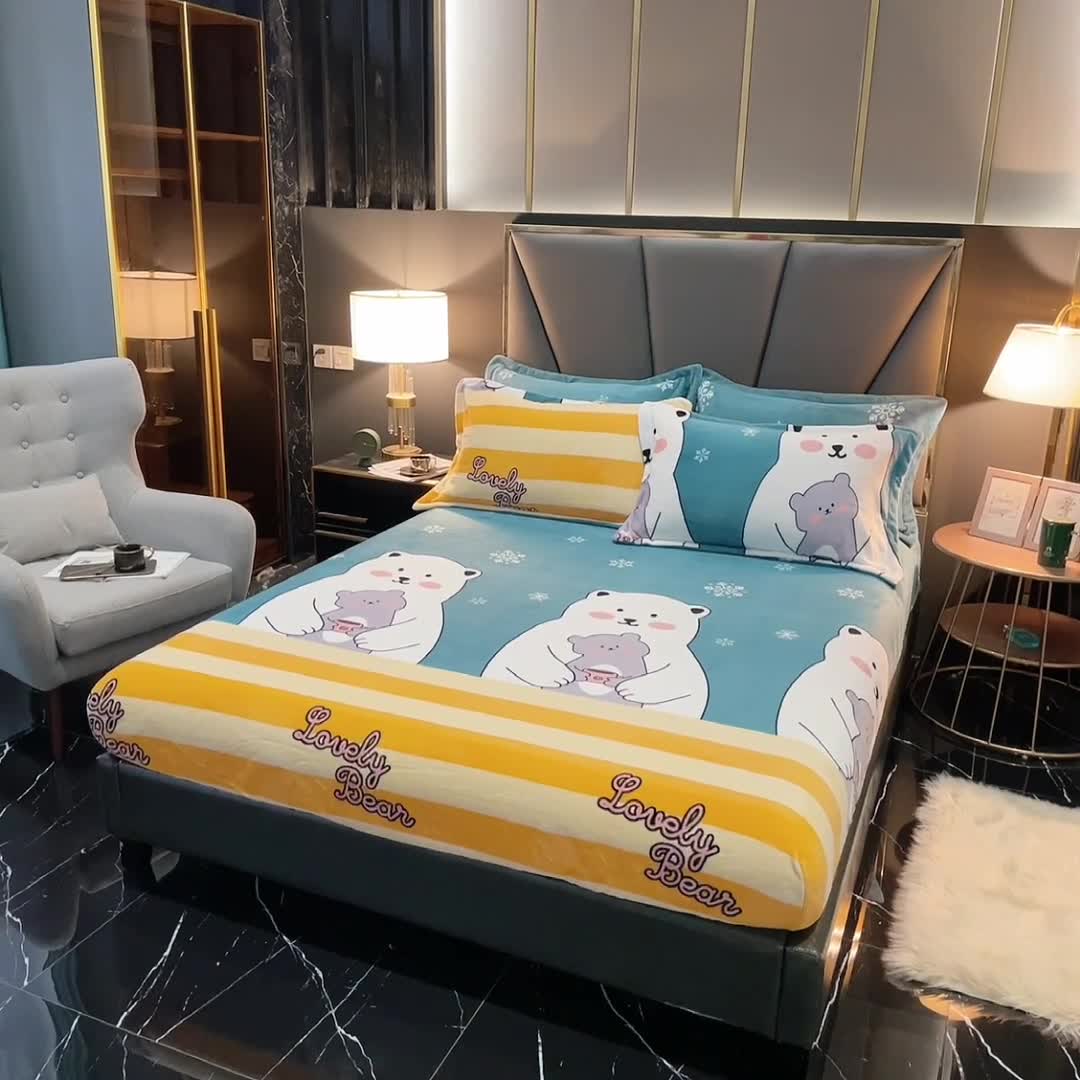 91家纺网 家纺一手货源 找家纺 锦罗绣 2021新款牛奶绒印花单品床笠大白