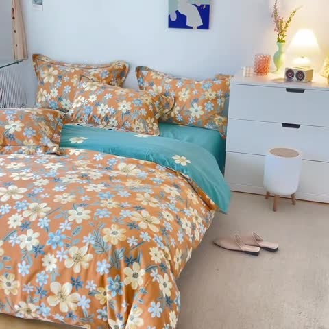 91家纺网 家纺一手货源 找家纺 希文 2021新款全棉生态磨毛印花四件套 花香丽人-桔