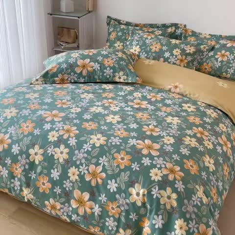 91家纺网 家纺一手货源 找家纺 希文 2021新款全棉生态磨毛印花四件套 花香丽人-绿