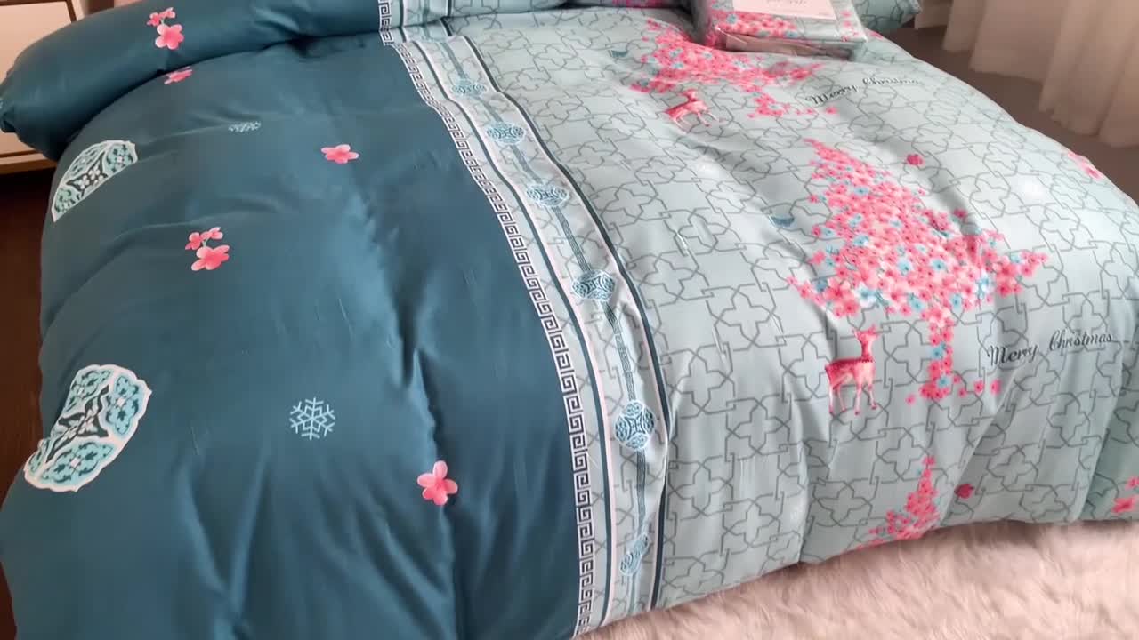 91家纺网 家纺一手货源 找家纺 优尚 2021新款亲肤磨毛中国风大版花系列四件套 碧波圣诞