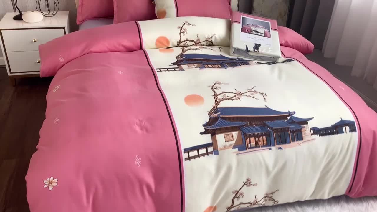 91家纺网 家纺一手货源 找家纺 优尚 2021新款亲肤磨毛中国风大版花系列四件套 粉妆玉阁