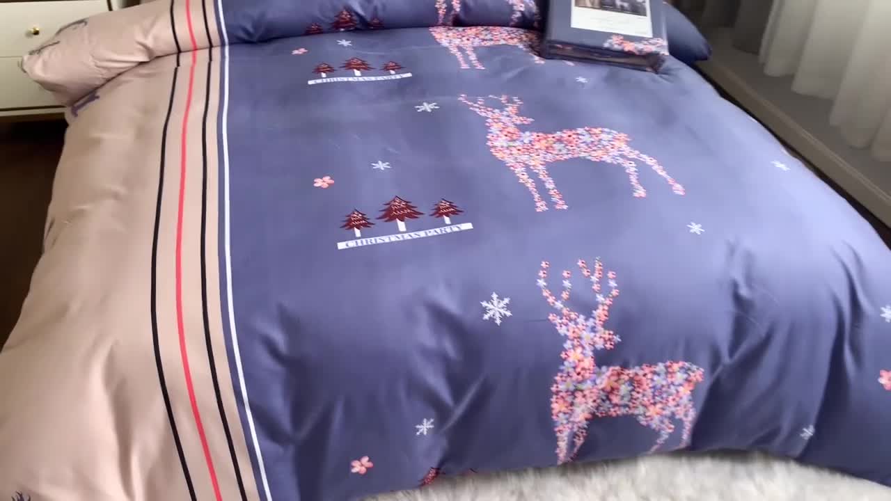 91家纺网 家纺一手货源 找家纺 优尚 2021新款亲肤磨毛中国风大版花系列四件套 鹿回头