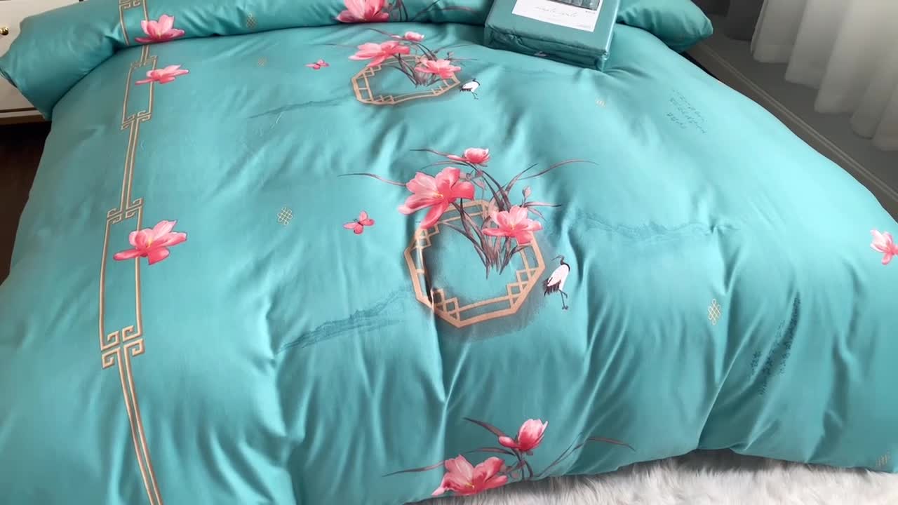 91家纺网 家纺一手货源 找家纺 优尚 2021新款亲肤磨毛中国风大版花系列四件套 青苍白荷