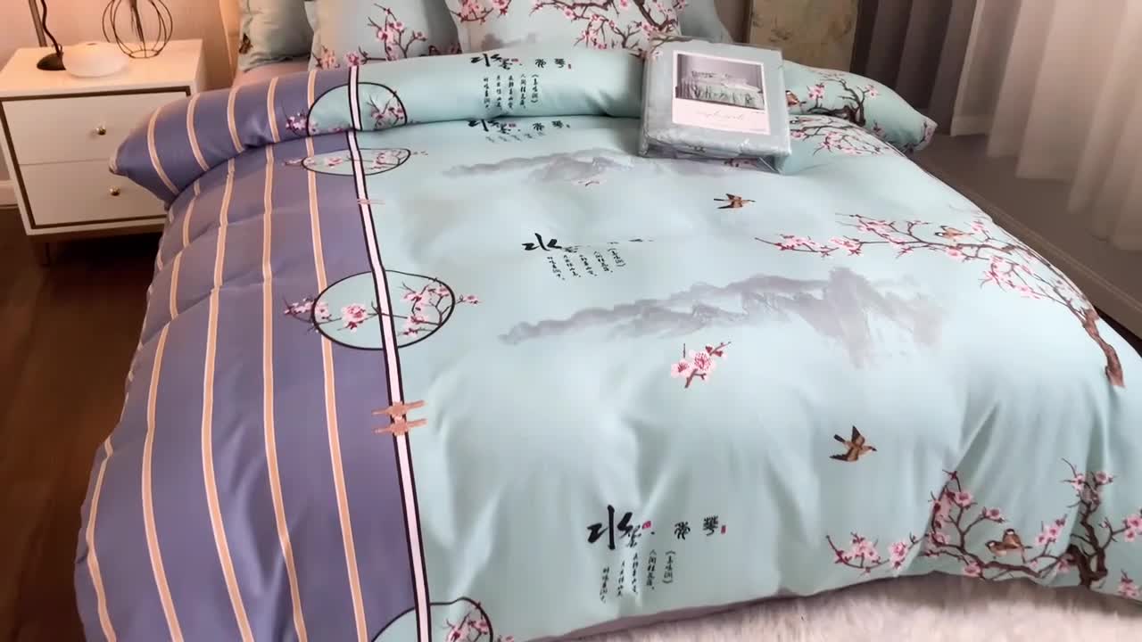 91家纺网 家纺一手货源 找家纺 优尚 2021新款亲肤磨毛中国风大版花系列四件套 水墨江南