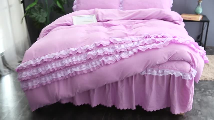 91家纺网 家纺一手货源 找家纺 梦柏家纺 2021新款水洗棉夹棉床裙四件套 兰花紫