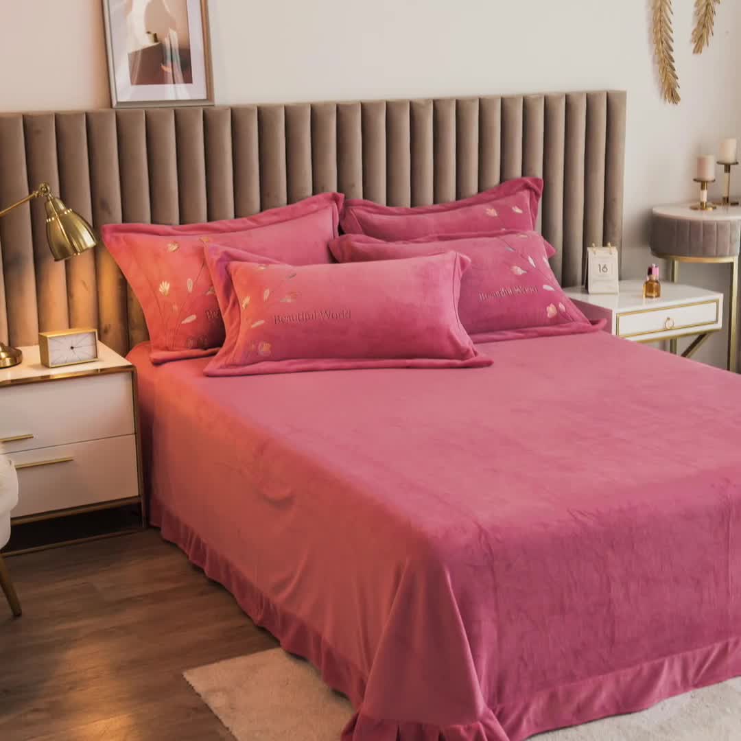 91家纺网 家纺一手货源 找家纺 绒博士240g法莱牛奶水晶宝宝贝贝魔法四件套-浪漫花丛 豆沙