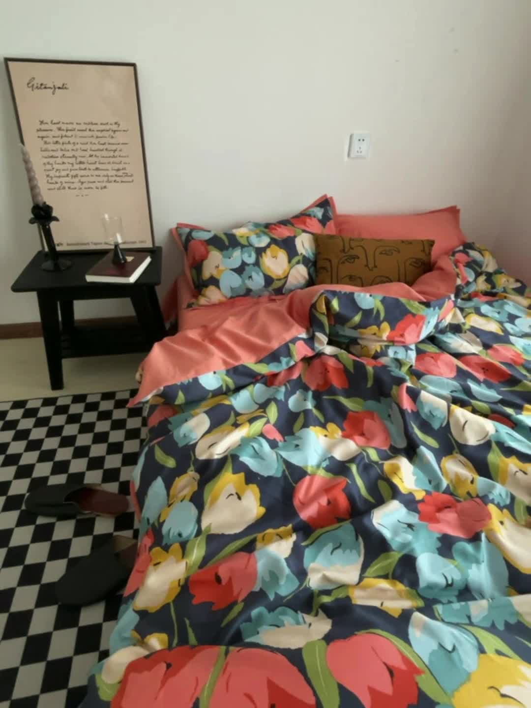 91家纺网 家纺一手货源 找家纺 恋恋三季 2021 秋冬新品60支长绒棉贡缎四件套诗妍-深蓝