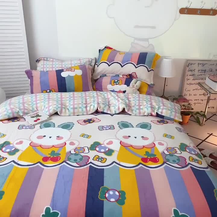 91家纺网 家纺一手货源 找家纺 沐棉 2021新款高克重牛奶绒卡通四件套 彩虹兔