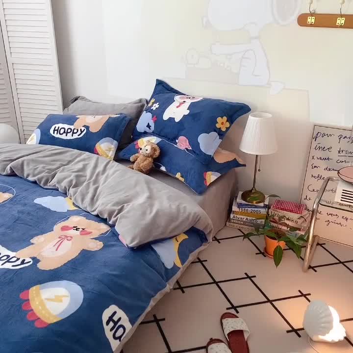 91家纺网 家纺一手货源 找家纺 沐棉 2021新款高克重牛奶绒卡通四件套 太空旅行