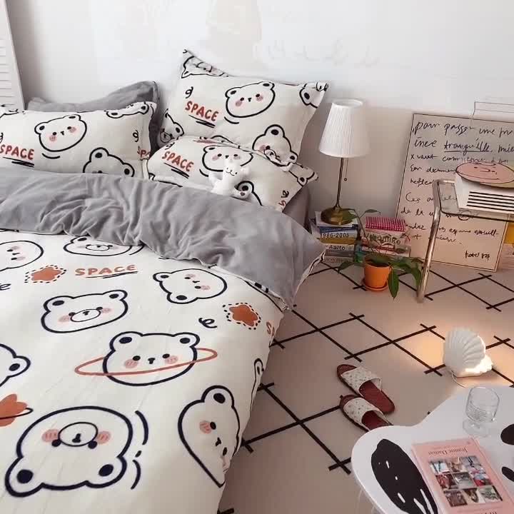 91家纺网 家纺一手货源 找家纺 沐棉 2021新款高克重牛奶绒卡通四件套 太空熊