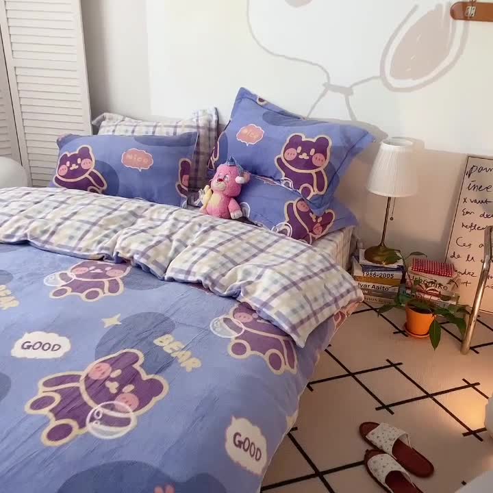 91家纺网 家纺一手货源 找家纺 沐棉 2021新款高克重牛奶绒卡通四件套 顽皮熊