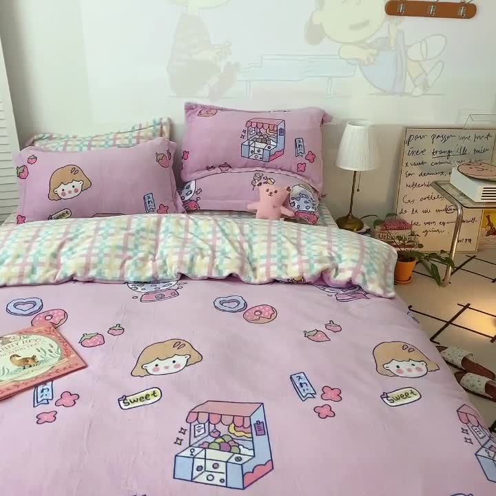 91家纺网 家纺一手货源 找家纺 沐棉 2021新款高克重牛奶绒卡通四件套 糖果女孩