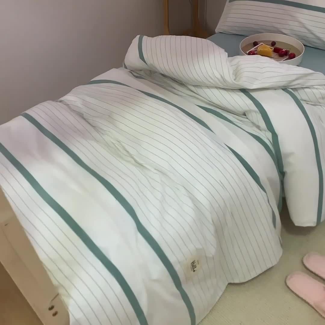 91家纺网 家纺一手货源 找家纺 柠萌家居 2021新款全棉色织水洗棉学生宿舍三件套 绿白细条